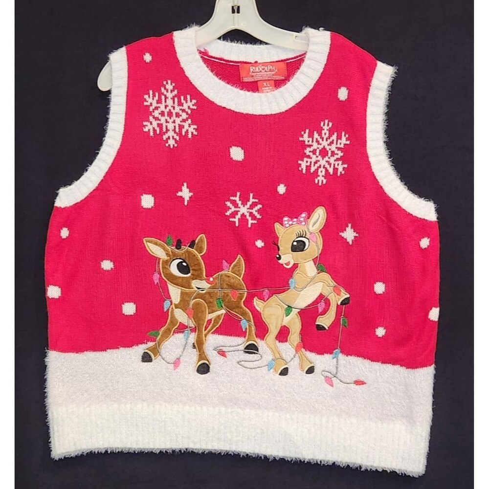 Rudolph Reindeer Fuzzy Ugly Christmas Sweater Vest Red White XL Ladies